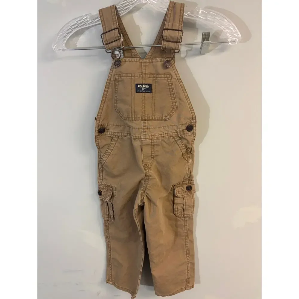 OshKosh B'gosh Toddler Overalls 2T Tan Khaki Twill Cargo Pockets Boys Girls